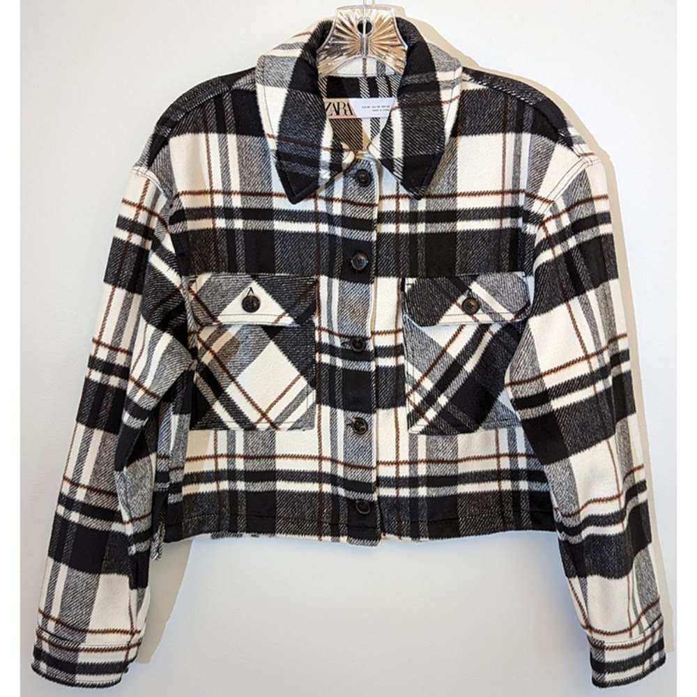 Zara Cropped Plaid Flannel Jacket Ivory Brown & Gray Shacket Size XSmall